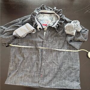 Upcycled one of a kind lightweight dark wash denim with ruffle collar